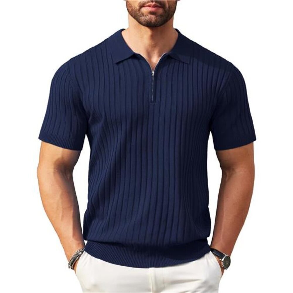 Stylish Men's Short Sleeve Polo with Zip Front & Ribbed Knit Design